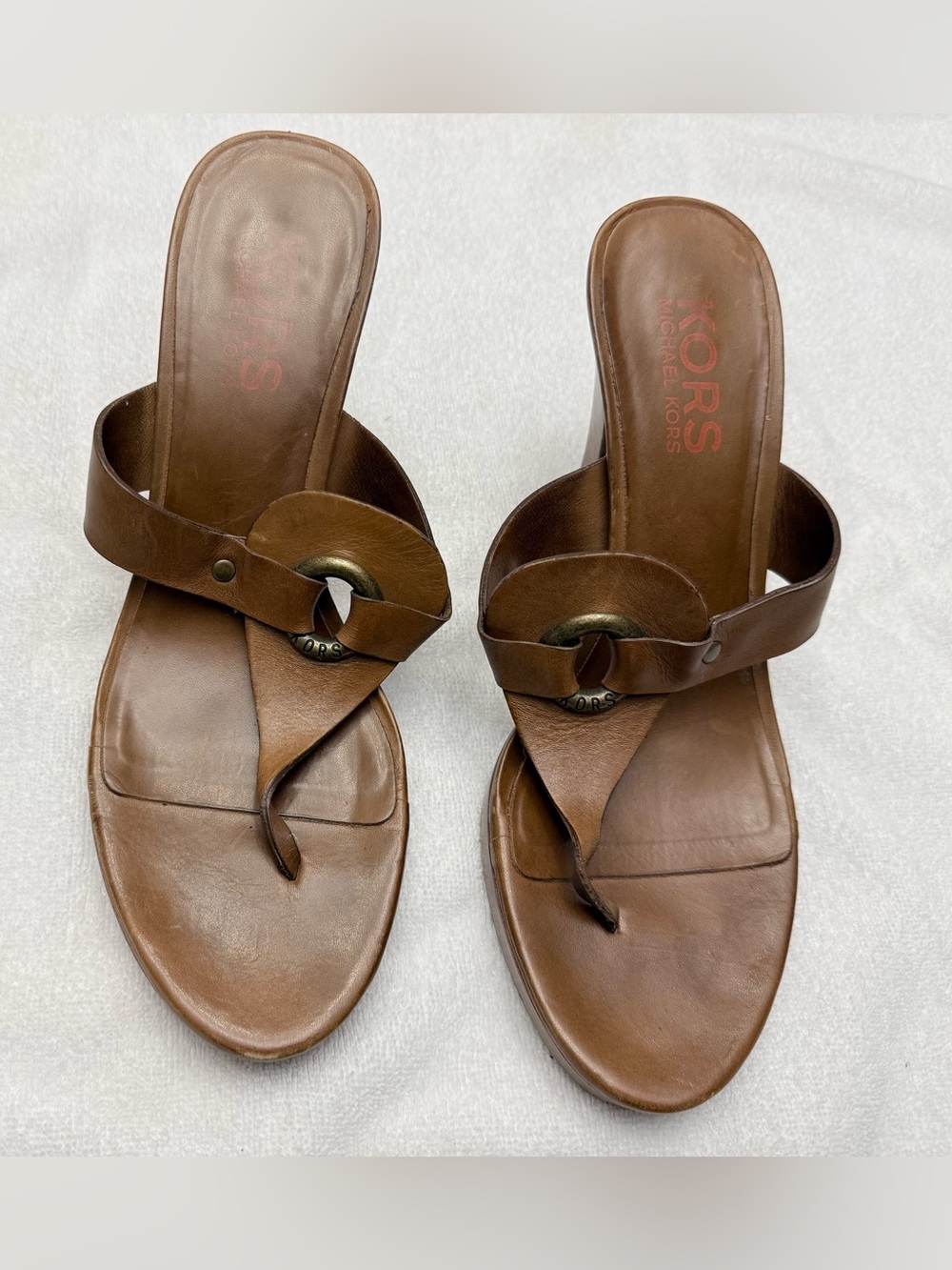 Michael Kors Brown Leather Ring-Accent 4.5” Slide Sandals